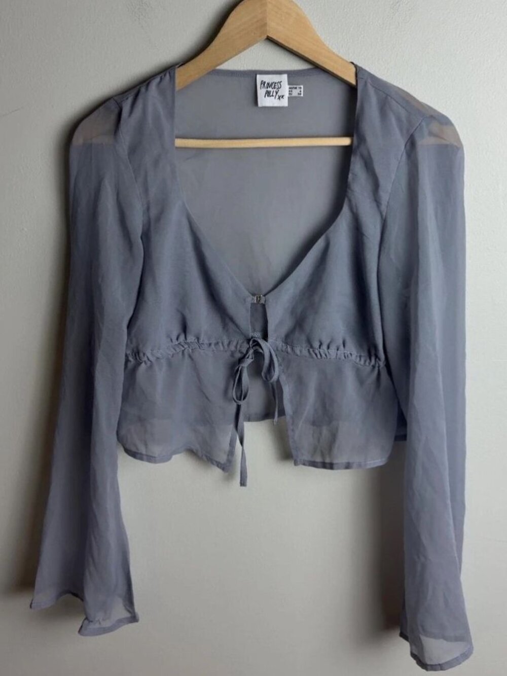 Princess Polly Sheer Tie Front Crop Top Long Sleeve Grey Blue Size US 6 Women’s